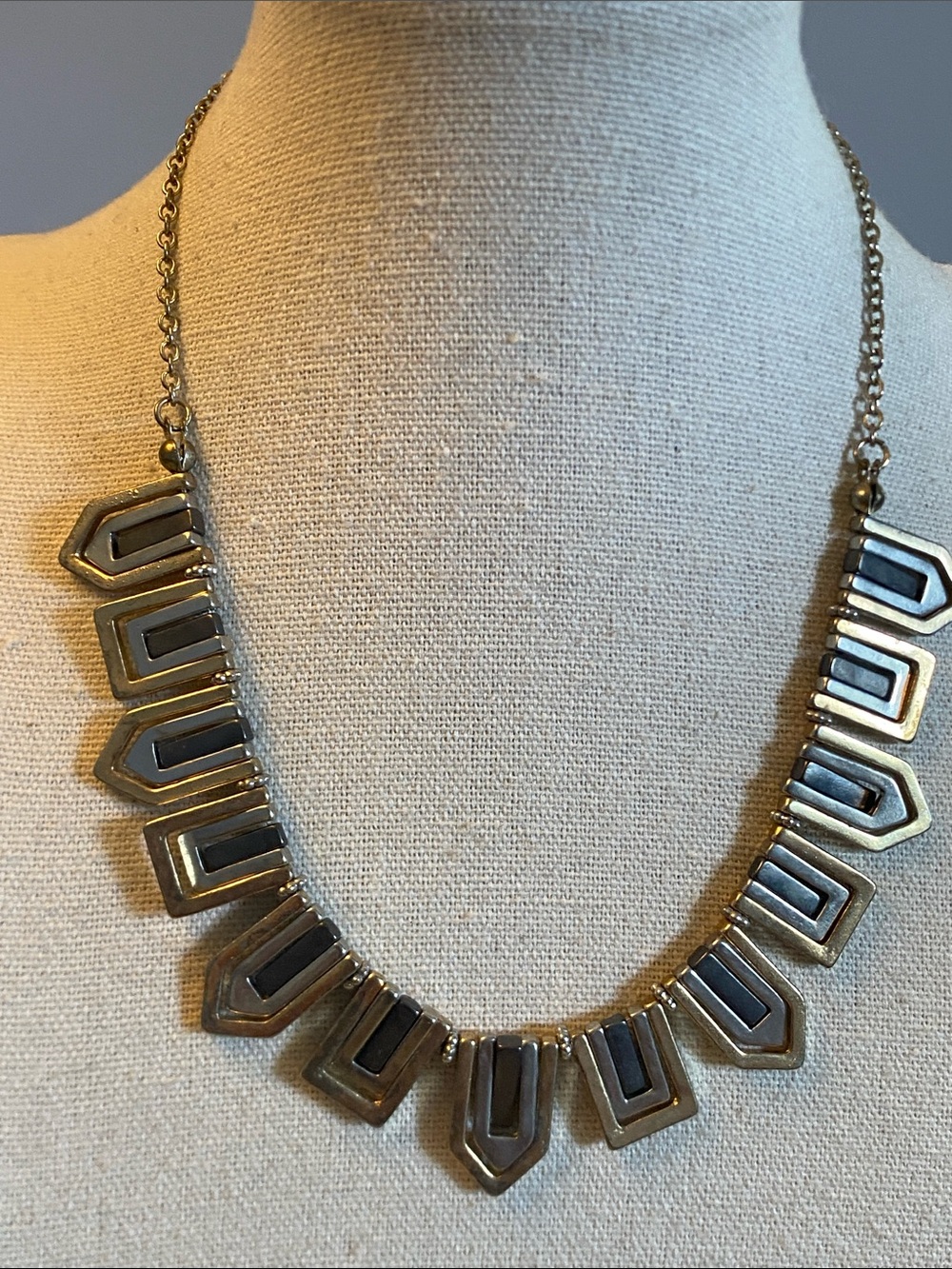 Three-Tone Geometric Statement Necklace Gold Silver Gunmetal 15”